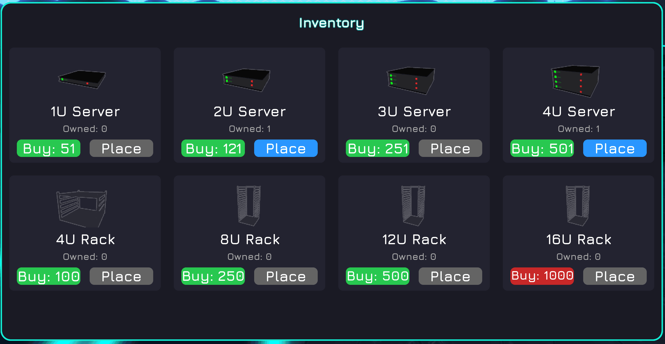 Different server types listed in the inventory GUI